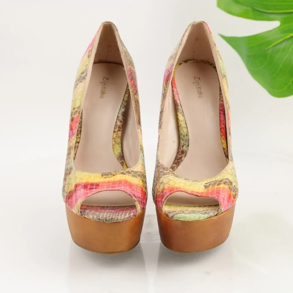 ZigiSoho Womens Jaclyn Pumps Size 8 Tan Red Python Wood Heel Platform Y2K Shoes